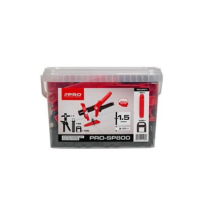 Leveling System PRO-SP800 1.5 mm, MIX: clips/wedges 100/50 + pliers (bucket 5 l)